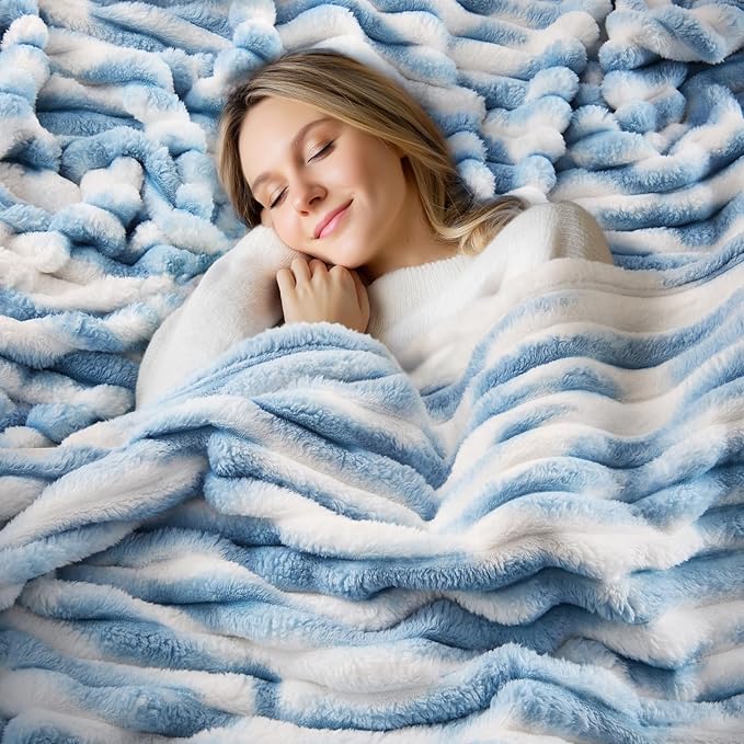 BEDELITE Fleece Throw Blanket for Couch - 300GSM Soft & Warm Fluffy Tie-dye　Blue Blanket, Decorative and Giftable Striped Blankets for Women, Men, 50"x60"