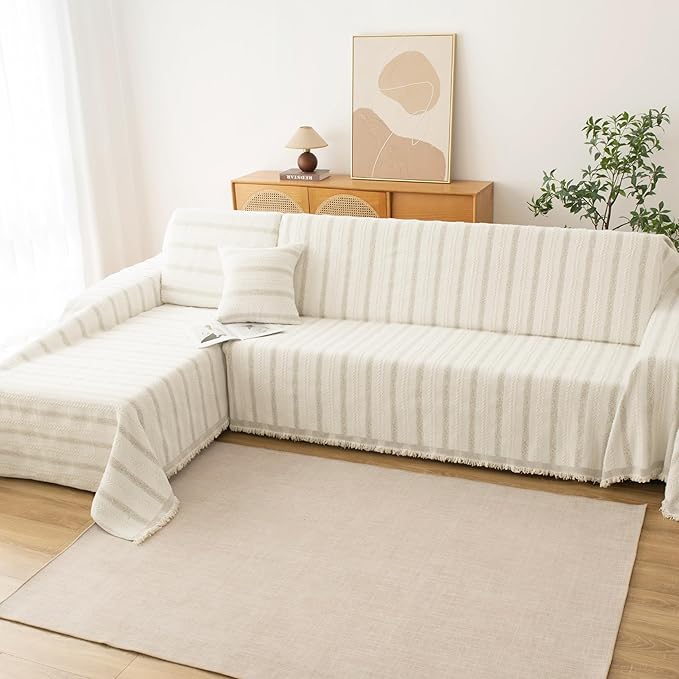 Boho Sofa Covers for 3 Cushion Couch, Chenille Sofa Slipcover for Pets Washable, L-Shape Sectional Loveseat Cover Soft Throw Blankets with Tassels(91x134,Striped Beige)