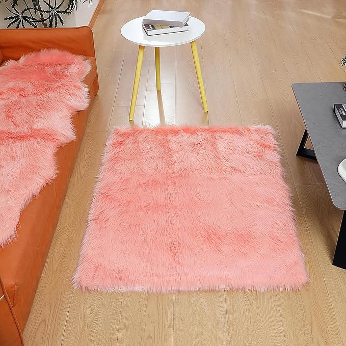 linmopm Faux Fur Rug Sheepskin Shag Fluffy Fuzzy Pink 3x4 ft Rugs for Bedroom Bedside Bed Floor Living Room Plush Rectangle High-Density Cushion Carpet Super Sofa Cover