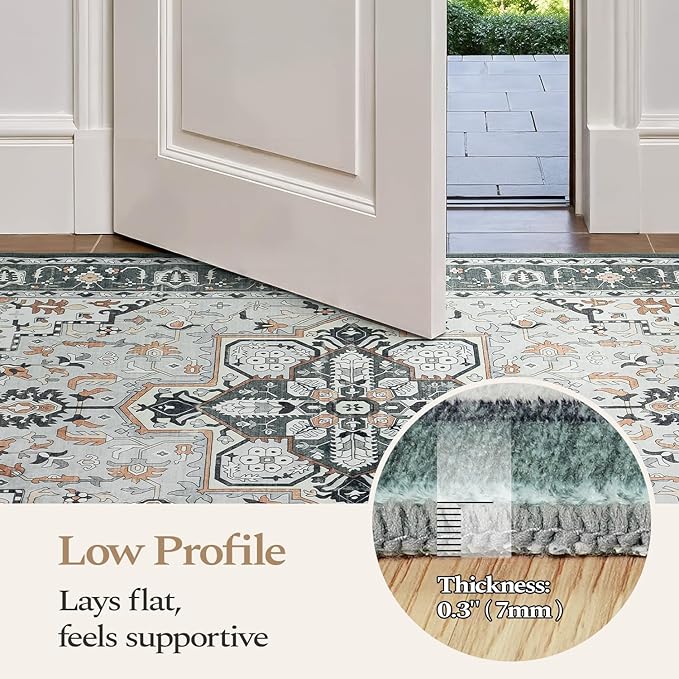 Rugflix 8x10 Area Rugs for Living Room, Washable Rug, Soft Low Pile Carpet, Non-Slip, Stain Resistant, Vintage Area Rug, Sage Green Rug for Bedroom, Dining Room, Home Office