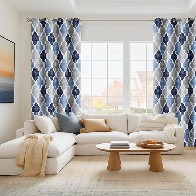 Beauoop 100% Blackout Curtains 72 Inches Long 2 Panels for Bedroom Living Room Blue Grey Moroccan Geo Room Darkening Thermal Insulated Soundproof Grommet Top Window Treatments Drapes, 50x72 Set of 2