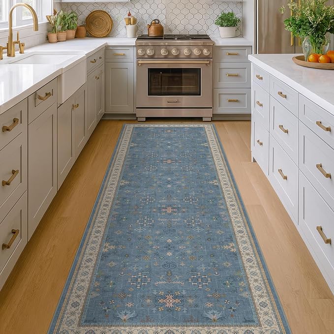 Boho 2'6"x10' Wide Runner Rugs for Hallway Non Skid- 10ft Light Blue Washable Non Slip Long Entryway Rug, Low Pile Geometric Floral Indoor Décor