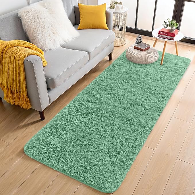 OLANLY 2x8 Machine Washable Runner Rugs for Hallway, Soft Fluffy Shaggy Bedside Rugs for Bedroom, Living Room, Indoor Floor Carpet for Kids Girls Boys, Nursery Rooms, Home Decor Aesthetic, Mint Green