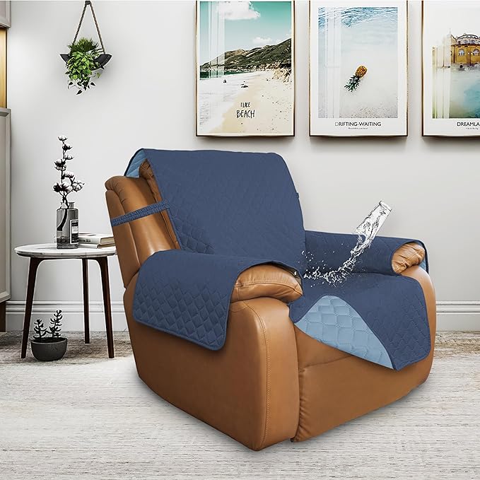 ISSUNTEX Double Protection 100% Waterproof Recliner Covers for Living Room, Reversible Furniture Protector Recliner Couch Sofa Slipcover for Dogs, Pets, Kids (Oversized Recliner, Dark Blue/Light Blue)