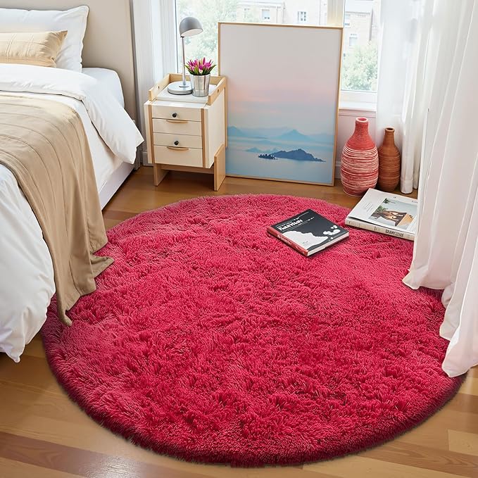 OLANLY Red Round Rugs for Bedroom - Machine Washable, 4 ft Circle Area Rugs for Living Room, Soft and Fluffy Shaggy Carpet for Teen Girls and Boys, Nursery Rooms, Dorms, Home Decor Aesthetic