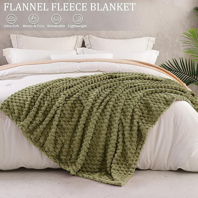Exclusivo Mezcla Fleece Twin Blanket for Bed, Extra Large Fuzzy Olive Green Bed Blankets, Soft Cozy Plush Sofa Throws for All Seasons, 60x80 Inches