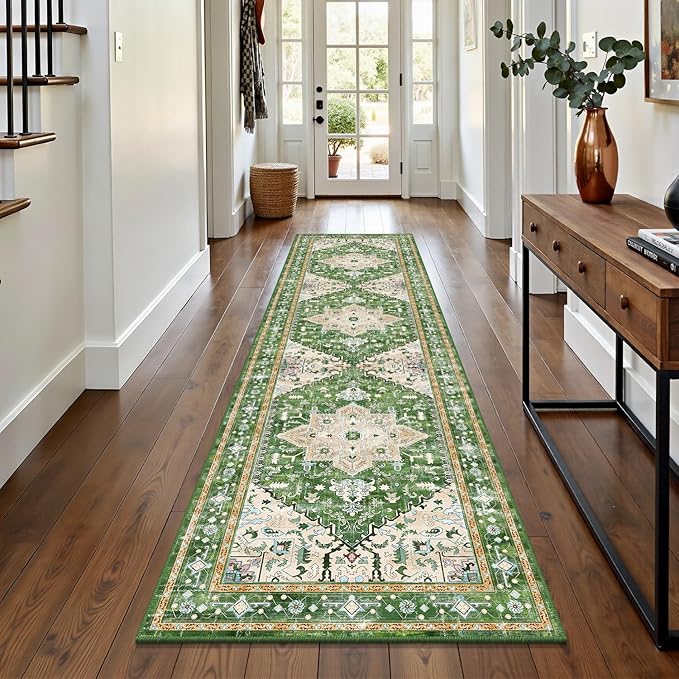 Yamaziot Washable Runner Rug, 2x8 Non-Slip Boho Vintage Hallway Rug Runner with Rubber Backing, Stain Resistant & Low Pile Faux Wool Distressed Carpet Runner for Bedroom, Kitchen, Laundry, Entrance