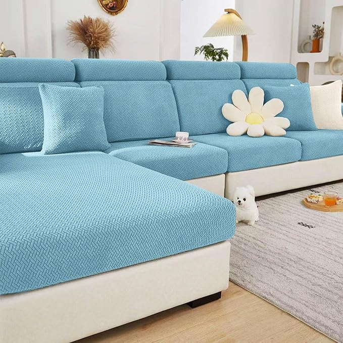 Sofa Covers Couch Covers for Sofa Pet Friendly Couch Cushion Covers Universal Sofa Covers Washable Stretch Slipcovers for Sectional Sofa (Texture Sea Blue, 2 Seats + Chaise Cover)