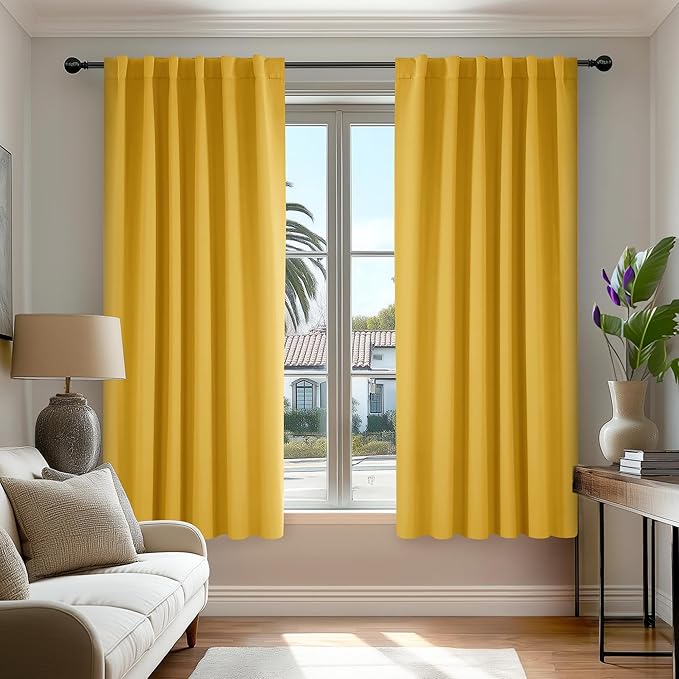 Deconovo Blackout Curtains, Thermal Insulated, W52 x L63 2 Panels, Back Tab, Machine Washable, Room-Darkening Drapes for Bedroom/Living Room Mellow Yellow