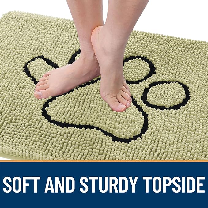 OLANLY Dog Door Mat for Muddy Paws 36x24, Paw Print Design, Absorbs Moisture and Dirt, Absorbent Non-Slip Washable Doormat, Quick Dry Chenille Mud Mat for Dogs, Entry Indoor Entryway Carpet, Vanilla
