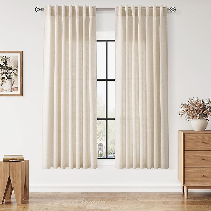 Linen Curtains 63 Inch Length for Living Room Modern Farmhouse Decor Light Filtering Semi Sheer Curtain Back Tab Neutral Luxury Rustic Burlap Coastal Drapes for Bedroom Office 52x63, 2 Panels