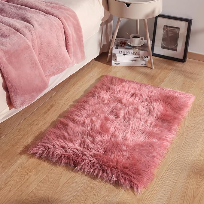 Ashler Faux Fur Rug: Ultra Soft, Fluffy Shaggy 2 x 3 Feet Rectangle, Blush Pink Fuzzy, Machine Washable, Nursery Decor for Bedroom & Living Room