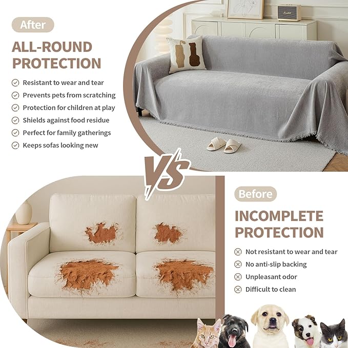 Couch Cover for Dogs, Boho Sofa Covers for 3 Cushion Couch, Chenille Sofa Slipcover for Pets Washable, L-Shape Sectional Couch Loveseat Cover Soft Throw Blankets with Tassels(71x134,Grey)