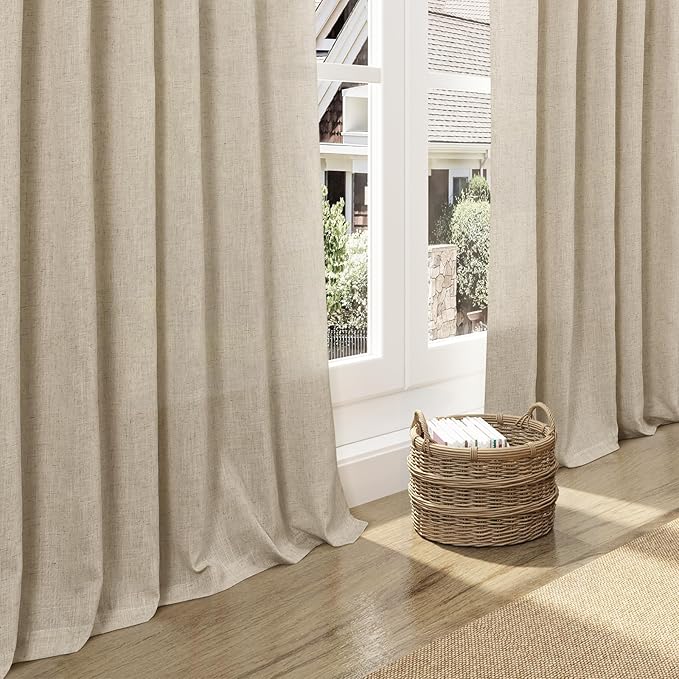 Eggshell Beige Linen Curtains for Living Room 94 Inches Long Light Filtering Semi Sheer Curtain Back Tab Rustic Farmhouse Decor Burlap Luxury Boho Drapes for Bedroom Dinner Room 52x94, 2 Panels