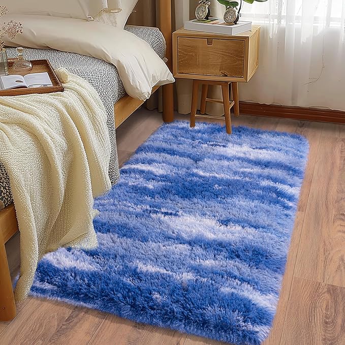 Soft Runner Rugs for Bedroom Hallways, 2x4 Abstract Blue White Fluffy Shag Throw Area Rug Non Slip for Bedside Dorm, Long Shaggy Furry Carpet for Nursery Living Room