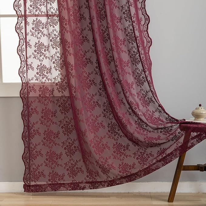 YJ YANJUN Vintage Lace Curtains 72 Inch Length -Dark Maroon Curtains for Bedroom Retro Floral Voile Sheer Panels with Scalloped Edge Rod Pocket Privacy Farmhouse 60s 70s Decor Burgundy W52 X L72