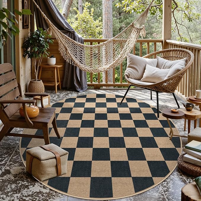Lahome Colette Checkered Round Rugs 6ft, Outdoor Patio Easy Jute Rug Indoor Outdoor Circle Carpet, Farmhouse Nature Non Shedding Non Slip Washable Black Carpet for Living Room Entry Deck
