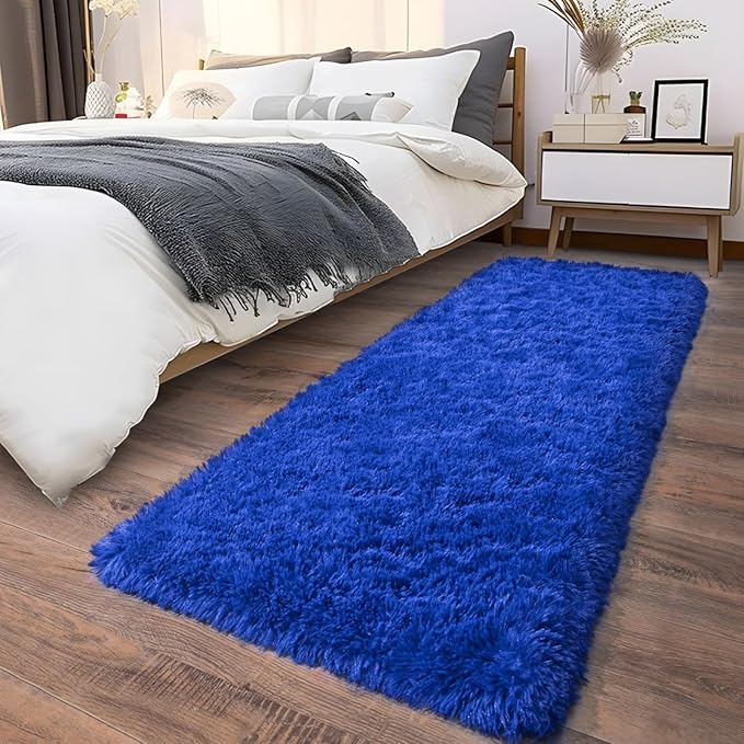 Soft Runner Rugs for Bedroom Hallways, 2x6 Royal Blue Fluffy Shag Throw Area Rug Non Slip for Bedside Dorm, Long Shaggy Furry Carpet for Nursery Living Room