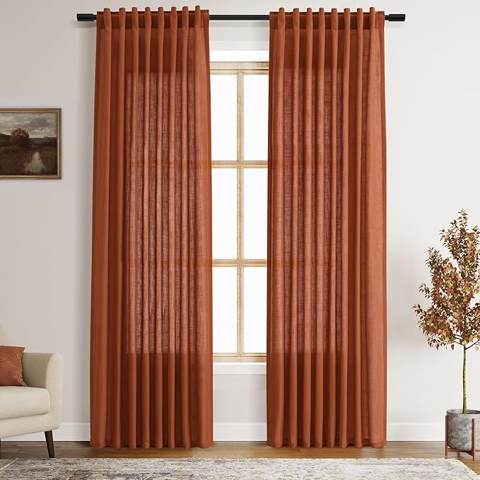 Nanspring Terracotta Linen Curtains 84 Inches Long 2 Panel Set Back Tab Boho Rustic Farmhouse Curtain for Living Room Semi Sheer Light Filtering Luxury Home Decor for Bedroom Dining Room 60x84