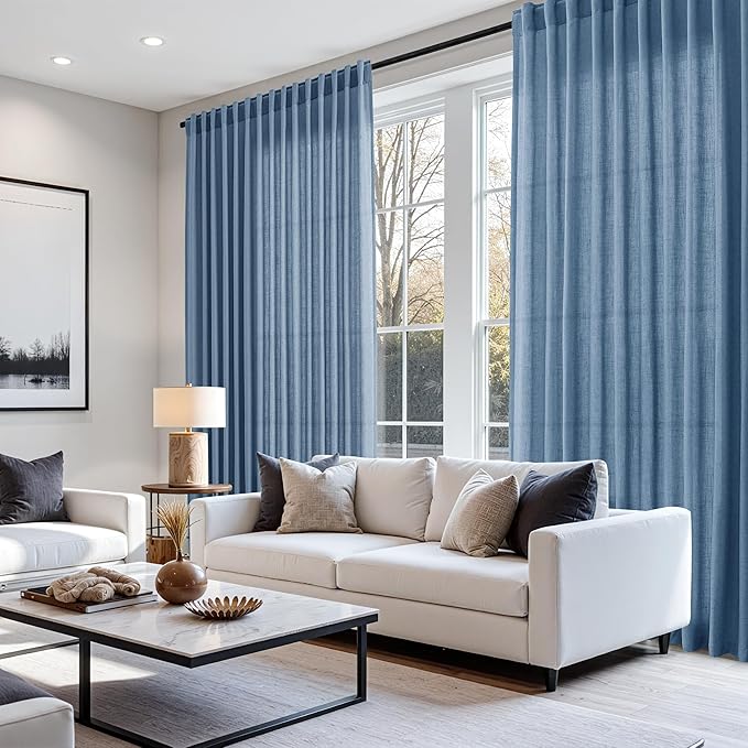 Nanspring Stone Blue Linen Curtains 96 Inches Long for Bedroom Back Tab Modern Simplicity Farmhouse Coastal Decor Light Filtering Curtain for Living Room Dinning Room 52x96 8 FT,2 Panels
