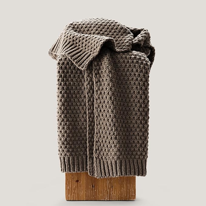 EVERGRACEHOME Chunky Chenille Knit Throw Blanket for Couch, Soft Luxurious Moss Stitch Blankets for Bed, Cozy Decorative Farmhouse Knitted Throws for Sofa, Mocha Brown, 50" x 60"