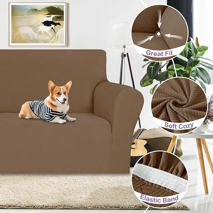 ZNSAYOTX Super Stretch Loveseat Covers (57"-70"), New Striped Love Seat Slipcover, Dogs Pet Friendly Anti-Slip Couch Protector Spandex Durable 2 Seater Fabric Sofa Cover (Light Coffee, Loveseat)