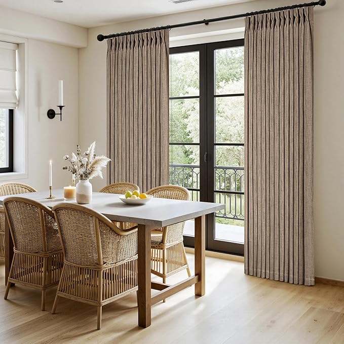 MIULEE Pinch Pleated Thick Linen Curtains 84 Inches Long 2 Panels for Living Room Bedroom, Memory Trained Pleat Drapes Back Tab Light Filtering Country Farmhouse Brown Burlap Curtains with Hooks&Rings