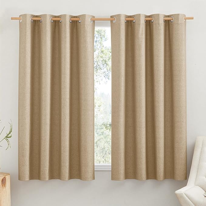 NICETOWN 100% Absolutely Blackout Linen Curtains with Thermal Insulated White Liner, Camel, 52" Wide by 48" Long, 2 Pieces, Linen Blend Window Drapes Privacy Window Treatments for Bedroom/Kids Room