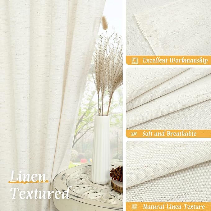 LAMIT Natural Linen Curtains for Bedroom, 72 Inch Faux Linen Textured Light Filtering Drapes Rod Pocket Window Panels for Living Room/Sliding Door, Set of 2 Panels, 52 x 72 Inch, Cream