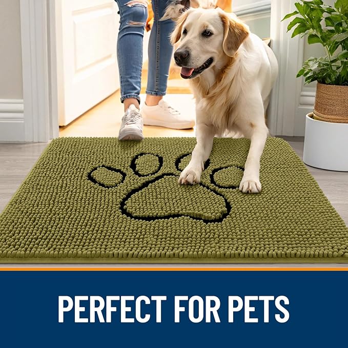 OLANLY Dog Door Mat for Muddy Paws 48x30, Paw Print Design, Absorbs Moisture and Dirt, Non-Slip Washable Doormat, Quick Dry Chenille Mud Mat for Dogs, Entry Indoor Entryway Carpet, Willow Green