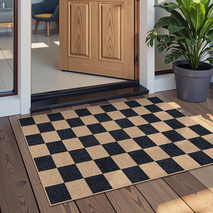 Lahome Colette Checkered Easy Jute 2x3 Rug, Small Entryway Rug Non Slip Kitchen Front Door Mat, Farmhouse Neutral Area Rug Non Shedding Low Pile Floor Carpet for Foyer Porch Doorway