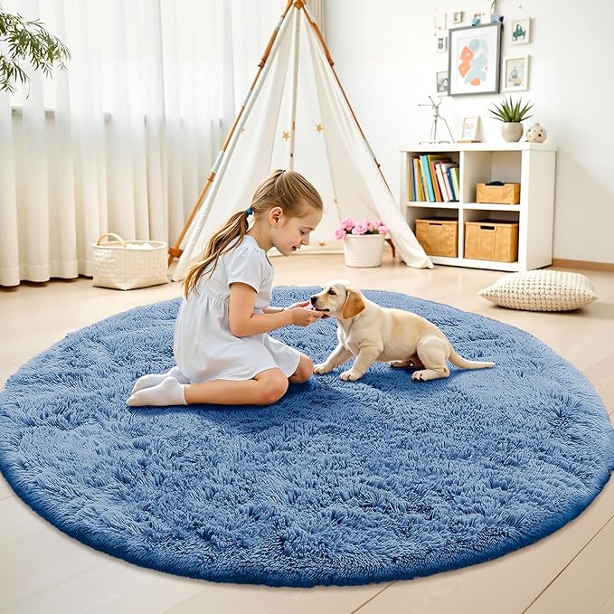 OLANLY Blue Round Rugs for Bedroom - Machine Washable, 6 ft Circle Area Rugs for Living Room, Soft and Fluffy Shaggy Carpet for Teen Girl and Boys, Nursery Rooms, Dorms, Home Decor Aesthetic