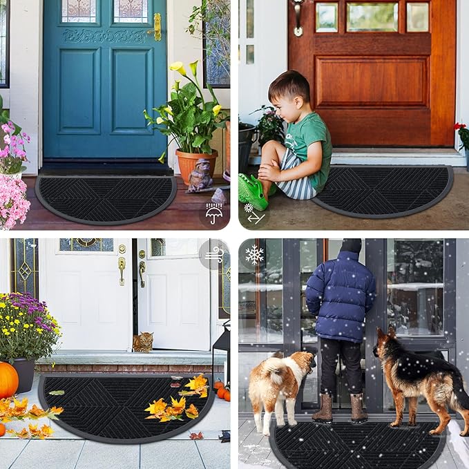 Smiry Half Circle Front Door Mat Outside Entrance, Heavy Duty Sturdy Natural Rubber Doormat, Trap Dirt and Moisture, Low Profile Mats for Indoor Outdoor Entry, Irregular Triangle (29.5x17, Black)