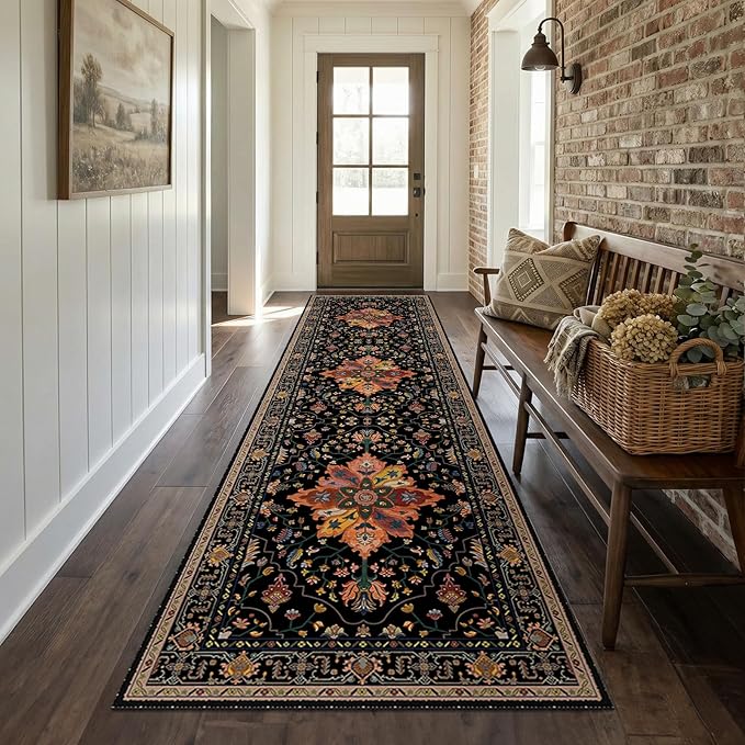 Area Rugs 2'x8' Runner Rug Non Slip Washable for Kitchen Hallway Bedroom Beside Laundry Room Bathroom Rug, Floor Carpet, Black Colorful Floral Dark Tan