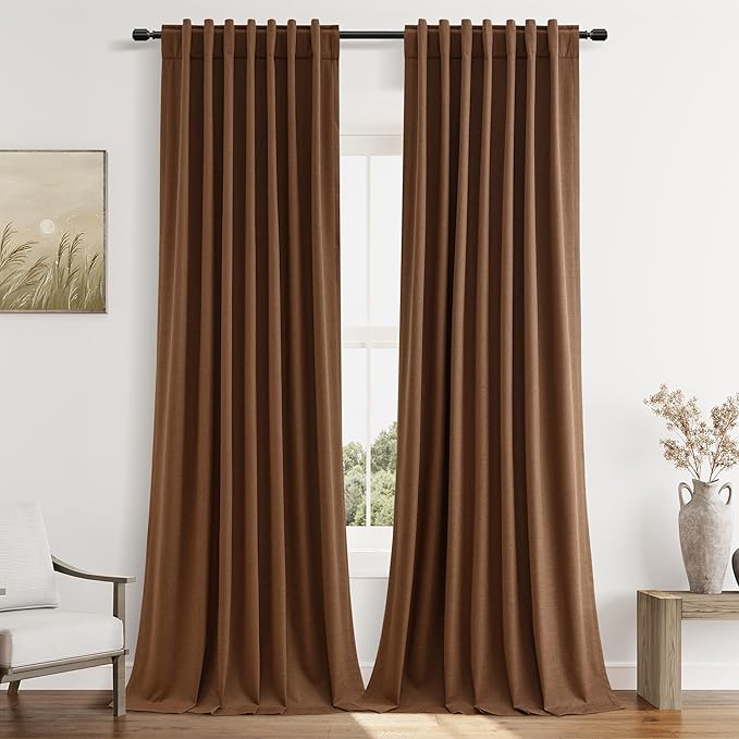 Guken 100% Blackout Linen Curtains 108 Inch Length 2 Panels Set for Living Room Bedroom Back Tab Thermal Insulated Black Out Linen Drapes Room Darkening Window Curtains,Caramel Brown