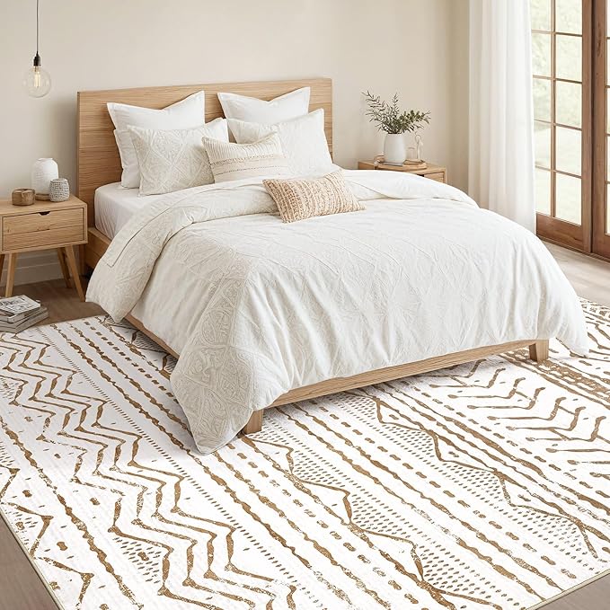 Nakagishi 6x9 Area Rugs Living Room: Washable Boho Large Neutral Soft Farmhouse Rug Stain Resistant Modern Indoor Floor Non-Slip Carpet for Bedroom Nursery Playroom Office Dining Dorm- White Brown