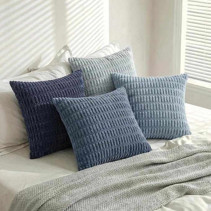 Fancy Homi Set of 4 Blue Decorative Throw Pillow Covers 16x16 Inch for Couch Bed Chair, Modern Farmhouse Boho Room Decor, Soft Fuzzy Corduroy Textured Striped Coastal Blue Cushion Case 40cm