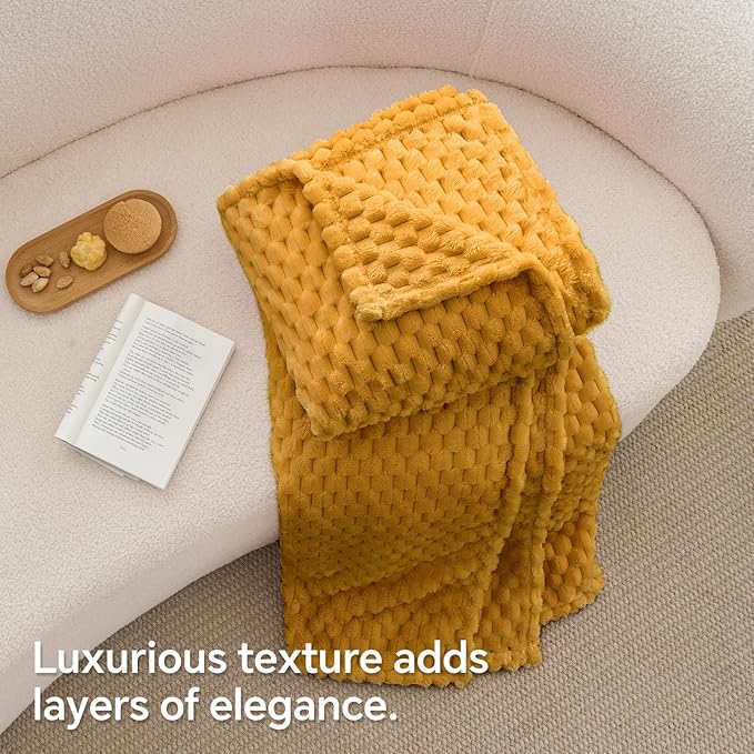 BEDELITE Fleece Blanket Twin Size for Bed Couch, 3D Jacquard Decorative Mustard Yellow Throw, Soft and Cozy Warm Plush Fuzzy Blanket All Seasons Suitable, 60x80Inches