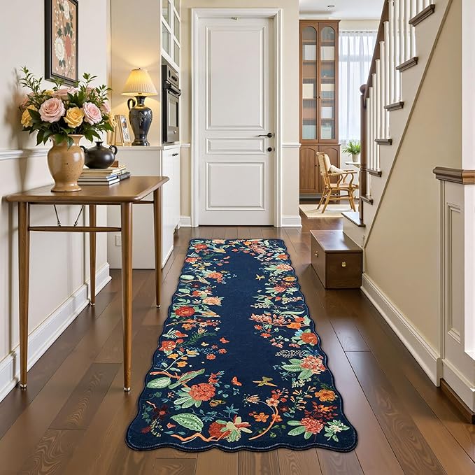 Rugflix 2x6 Runner Rug for Hallway, Washable Kitchen Runner Non Slip, Soft Low Pile Entryway Carpet, Vintage Floral Stain Resistant Long Laundry Room Rugs for Bedroom, Stairs