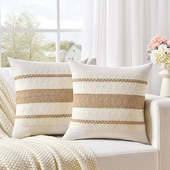 Fancy Homi Set of 1 Boho Neutral Euro Decorative Throw Pillow Cover 26x26 Inch for Couch Bed Bedroom, Aesthetic Modern Organic Farmhouse Room Decor, Soft Cotton Accent Macrame Woven Tan Cushion Case