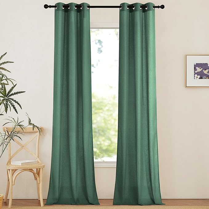 NICETOWN Linen Curtains 96 inches Long for Living Room, Grommet Semi Sheer Drapes Linen Weave Window Treatments Privacy Added with Light Filtering for Bedroom, Olive Green, W34 x L96, 2 Panels