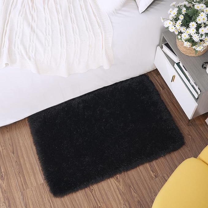 Tepook Super Soft Fluffy Rug for Bedroom, Modern Shaggy Fuzzy Kids Rugs for Living Room, Plush Indoor Nursery Home Decor Dorm Carpet with Non-Slip Bottom, Black, 2 X 3 Feet
