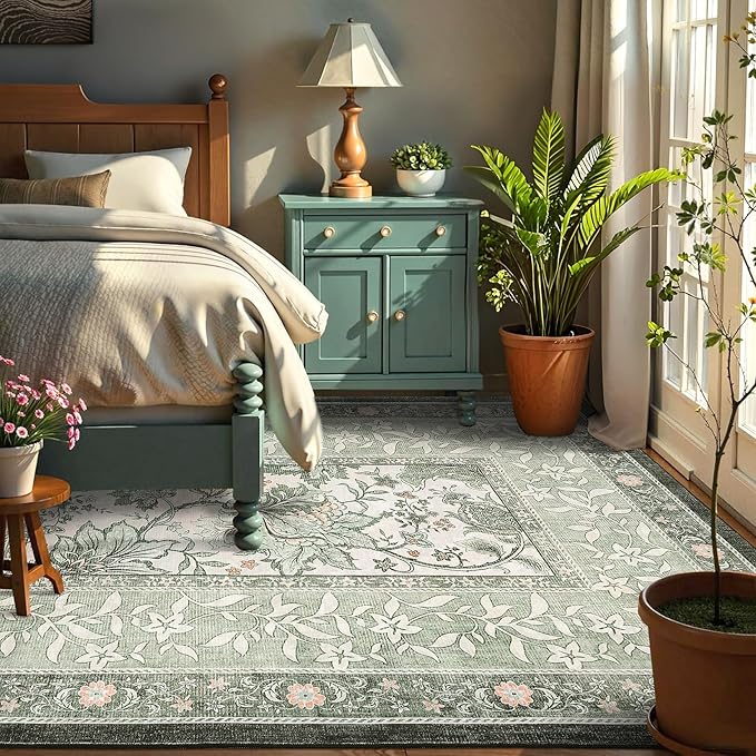 GarveeHome Provence Sage Green 6x9 Area Rugs, Botanical Grove Vintage Cottagecore Non-Slip Washable Rug for Living Room Bedroom Nursery Kitchen Low-Pile Retro Large Carpet