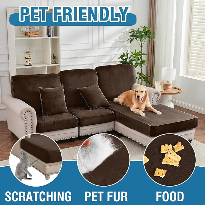 Couch Cover 8-Piece Elastic Velvet Couch Cushion Covers & Chaise Slipcovers for L-Shaped Sofas - Sofa Seat Covers Washable, Soft Protector for Couches (7 Seater + Chaise, Coffee)