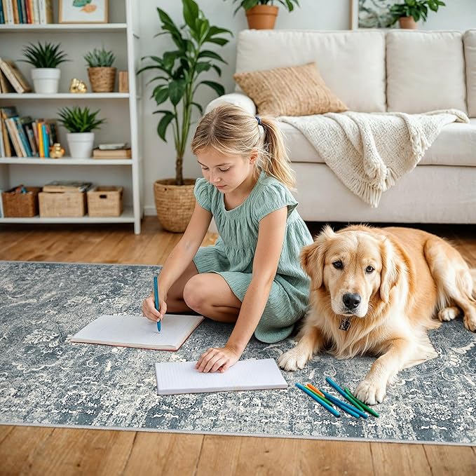 2'6"x16' Washable Hallway Runner Rug - Non Slip Kitchen Runner Rugs with Rubber Backing Vintage Low-Pile Carpet Runners for Entryway Dining Room Laundry Room Home Decor (Blue)