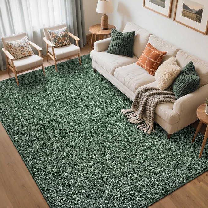 FinRèc 5x7 Washable Area Rugs for Bedroom Living Room, Low Pile Thin Rug Solid Color, Non-Slip Carpet Indoor for Home Decor (Green)