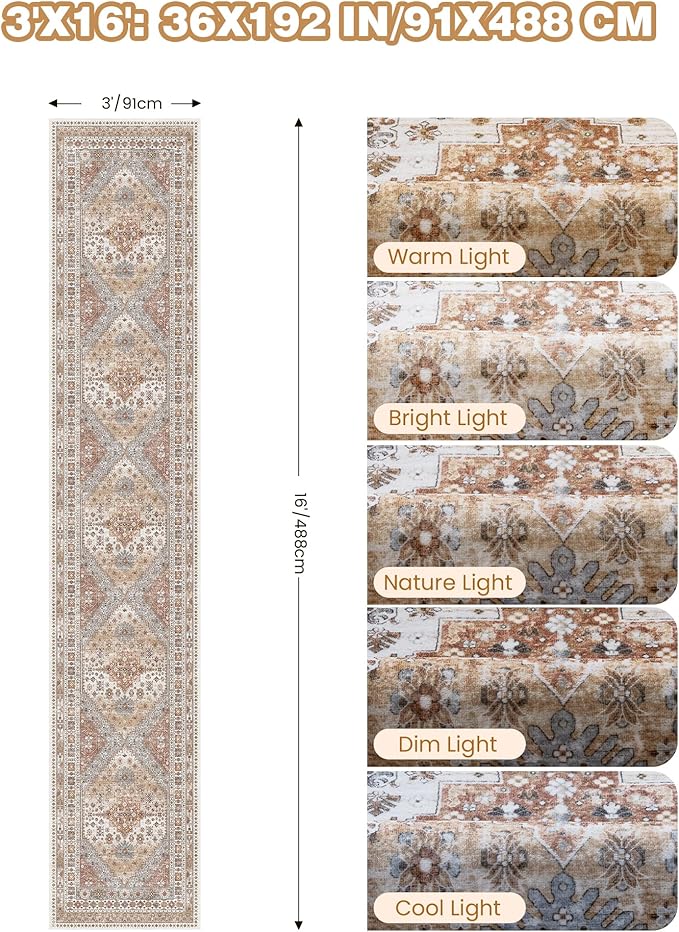 3x16 Runner Rug for Hallway, Non-Slip Long Kitchen Mats for Floor, Vintage Washable Rug for Entryway, Soft Hallway Runner for Dining Room, Bedroom, Living Room(Orange,3'x16')