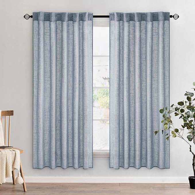 MIULEE Chambray Blue Linen Curtains 72 Inch Length 2 Panels for Bedroom Living Room, Soft Linen Textured Window Drapes Semi Sheer Light Filtering Back Tab Rod Pocket Farmhouse Modern Burlap Look Decor