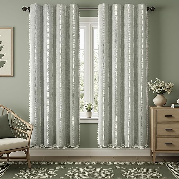 Boho Blackout Curtains 90 Inches Long Sage Green Linen Blend 2 Panels with Tassels and Cotton Embroidery, Farmhouse Vintage Rustic Rod Pocket Drapes for Living Room or Bedroom
