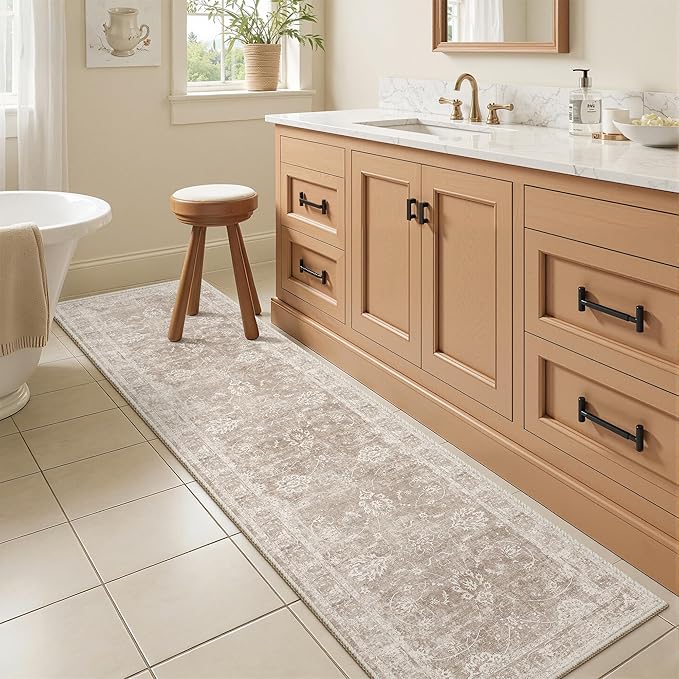 Madane 2x6 Washable Runner Rug Non-Slip, Vintage Kitchen Hallway Rug with Rubber Backing, Soft Low Pile Throw Carpet Runner for Entryway Laundry Bathroom Bedroom Living Room (2 x 6, Brown/Sand)